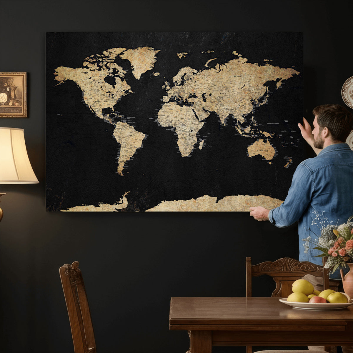 71518849-MGV-CV-36X24 - Beige World Map Canvas Wall Art Print, Minimal Black and