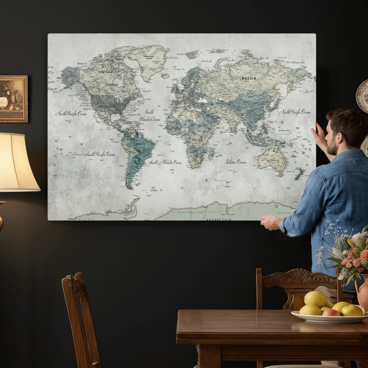 91132939-MGV-CV-36X24 - World Map Wall Art Canvas Print, Modern Decorative Framed Map Artwork Prints for Living Room, Office, Bedroom Wall Decor