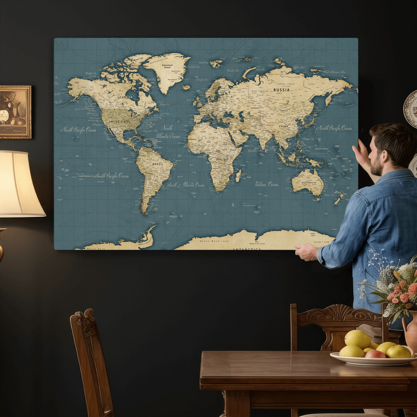 99599383-MGV-CV-36X24 - World Map Wall Art Canvas Print, Modern Decorative Framed Map Artwork Prints for Living Room, Office, Bedroom Wall Decor