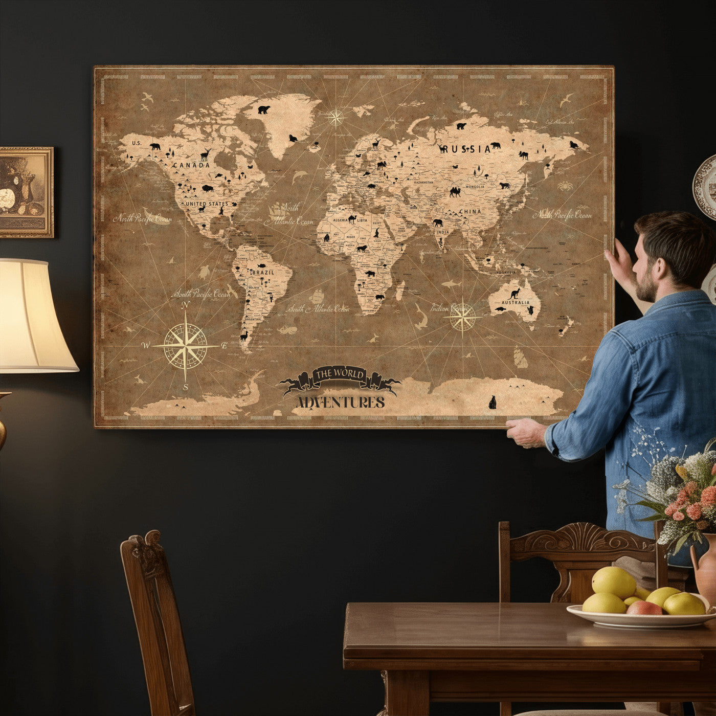 20759686-MGV-CV-36X24 - World Map Wall Art Canvas Print, Modern Decorative Framed Map Artwork Prints for Living Room, Office, Bedroom Wall Decor
