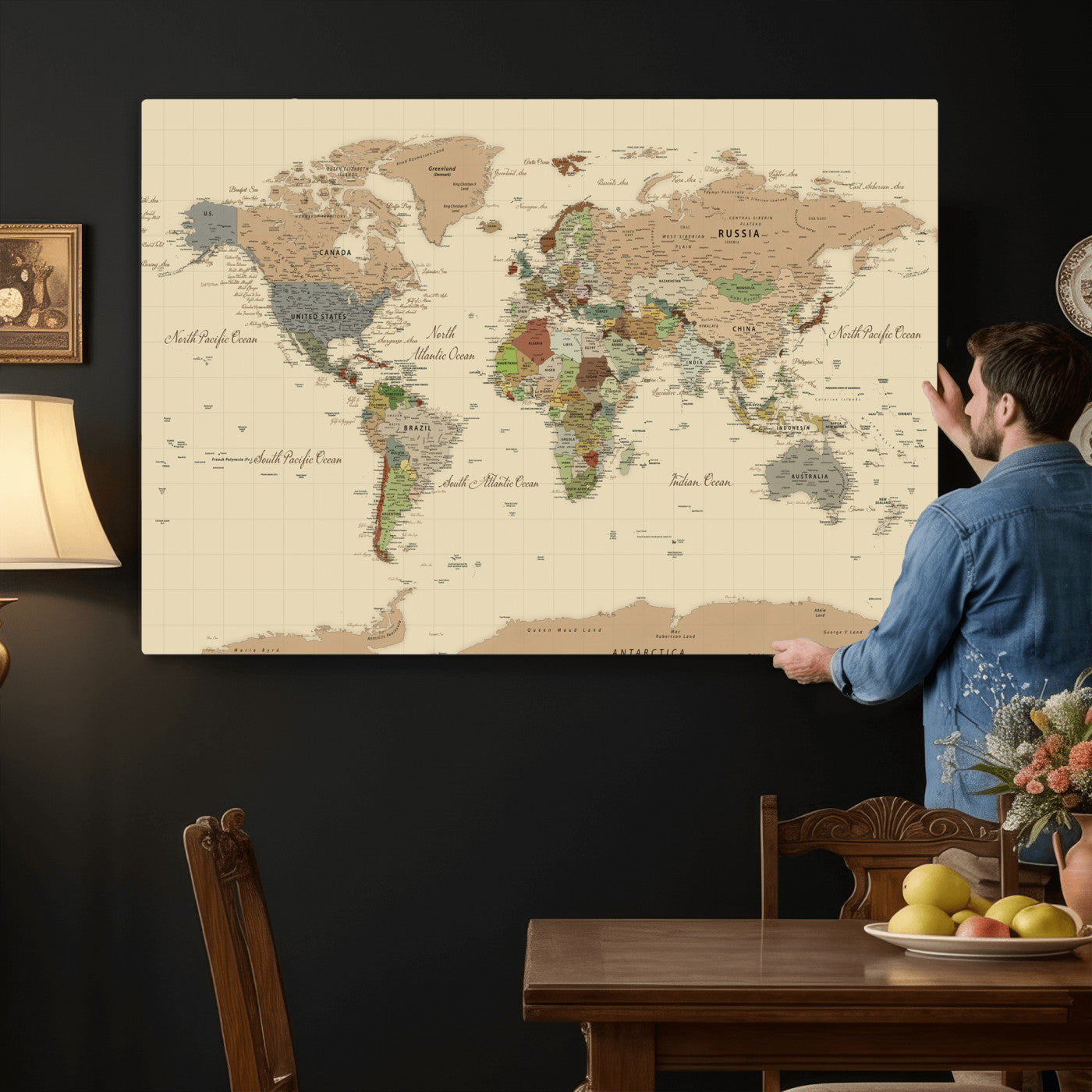 31407854-MGV-CV-36X24 - World Map Wall Art Canvas Print, Modern Decorative Framed Map Artwork Prints for Living Room, Office, Bedroom Wall Decor