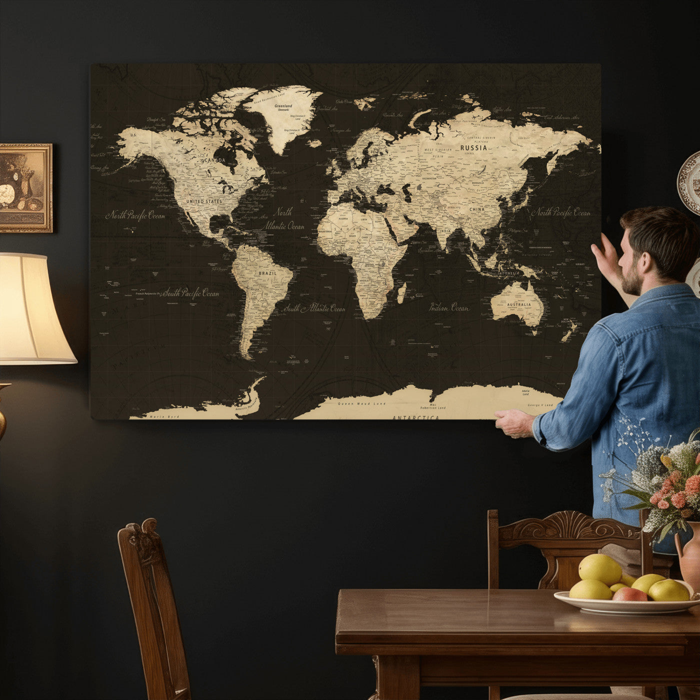 89024244-MGV-CV-36X24 - World Map Wall Art Canvas Print, Modern Decorative Framed Map Artwork Prints for Living Room, Office, Bedroom Wall Decor