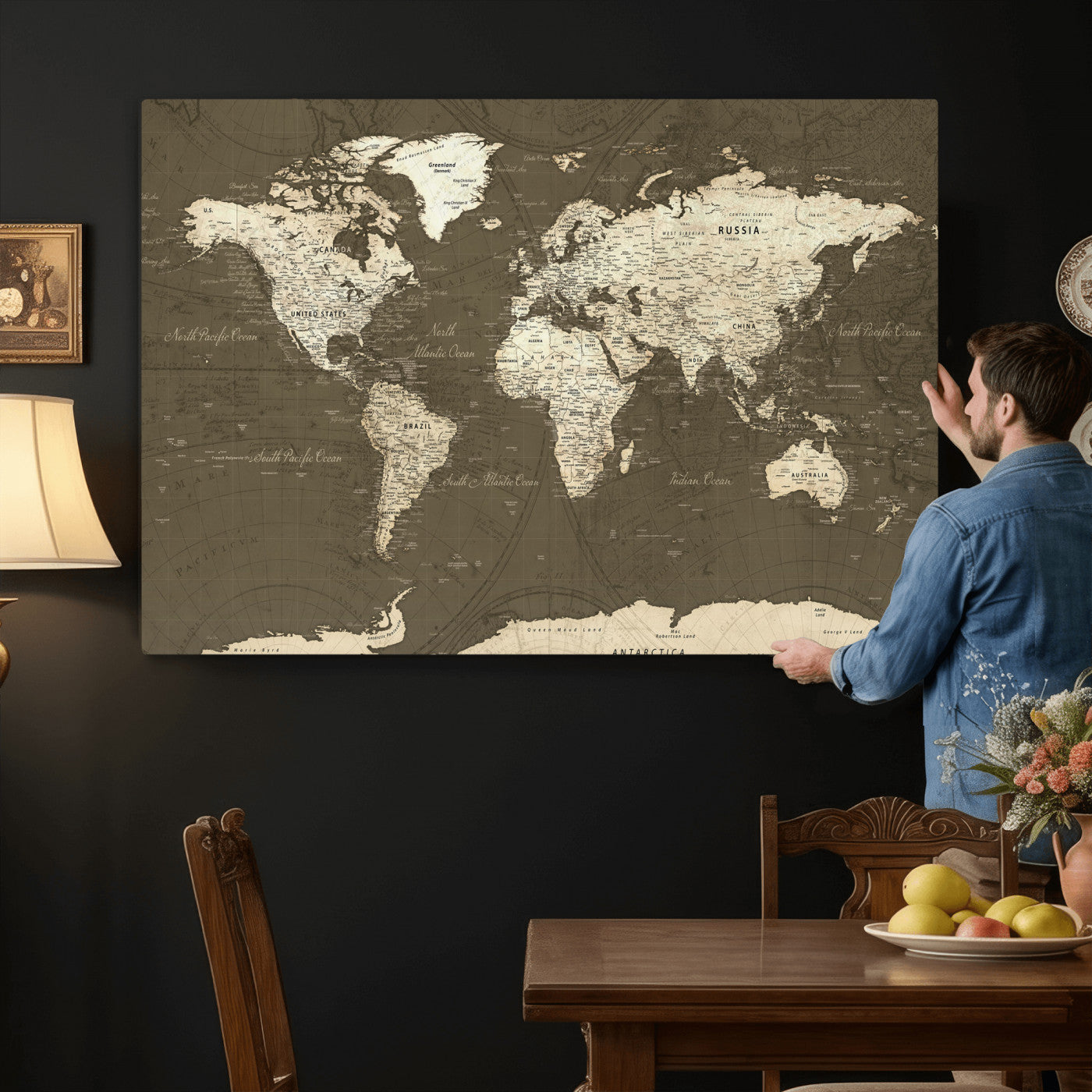 33202610-MGV-CV-36X24 - World Map Wall Art Canvas Print, Modern Decorative Framed Map Artwork Prints for Living Room, Office, Bedroom Wall Decor