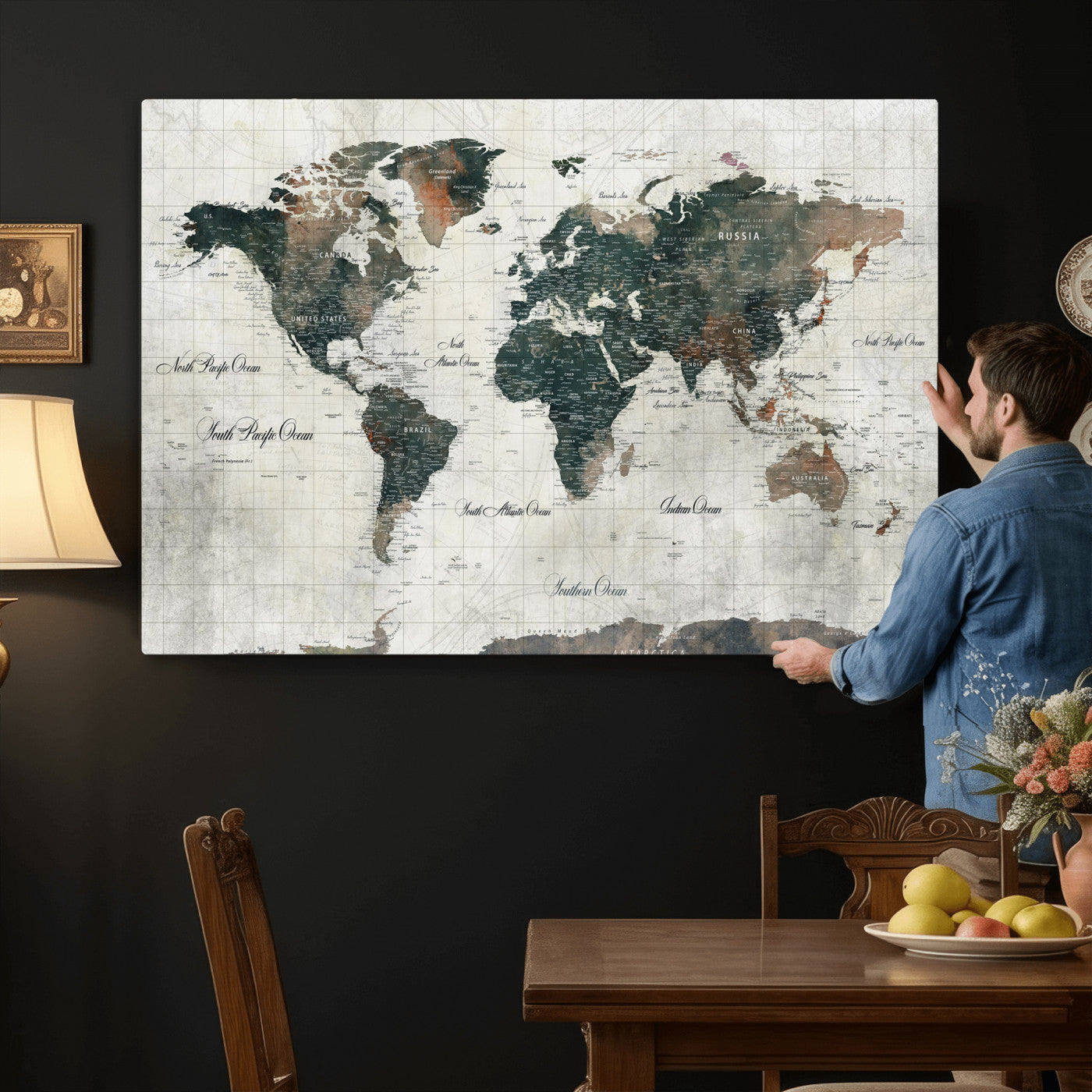 91179593-MGV-CV-36X24 - World Map Wall Art Canvas Print, Modern Decorative Framed Map Artwork Prints for Living Room, Office, Bedroom Wall Decor