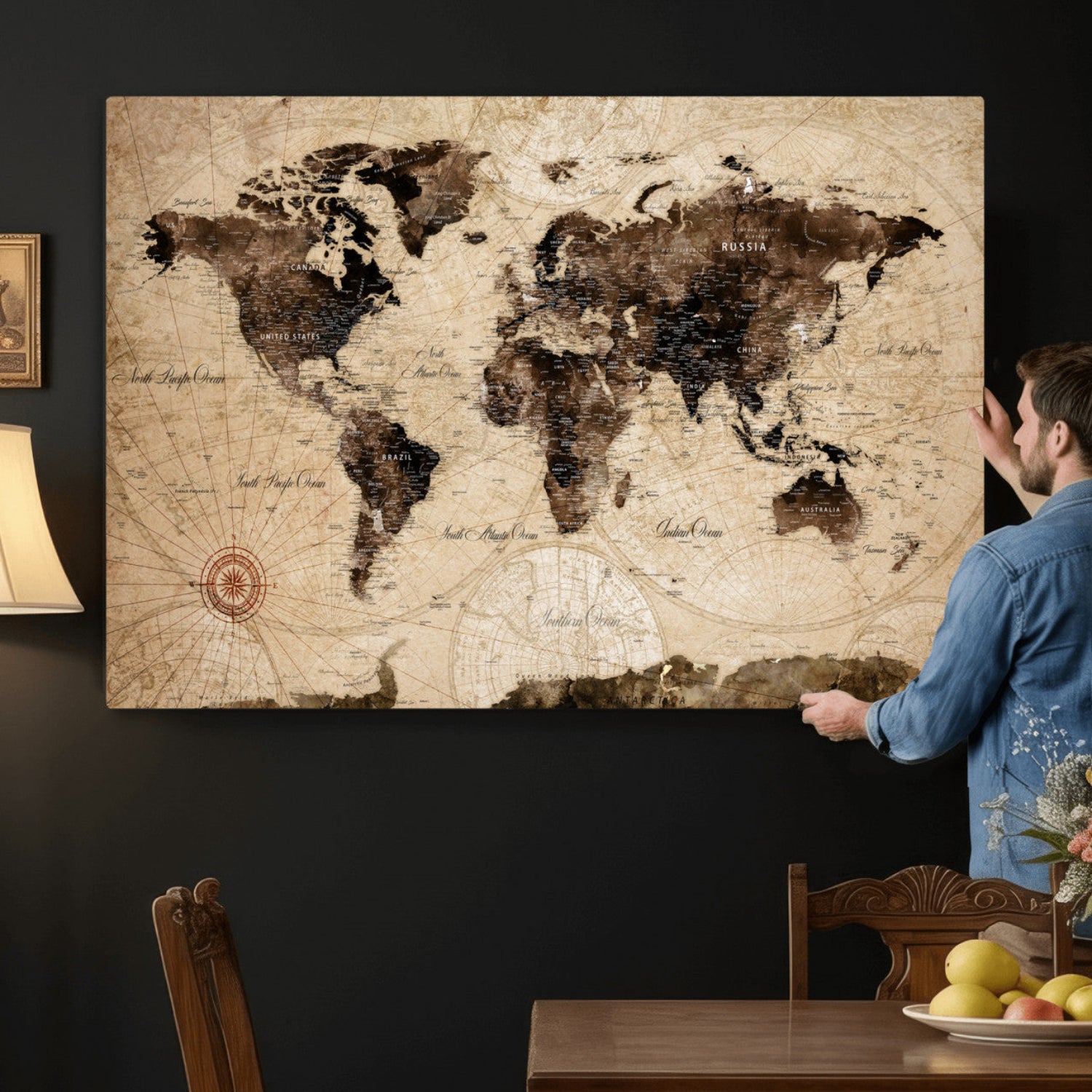 47657418-MGV-CV-36X24 - World Map Wall Art Canvas Print, Modern Decorative Framed Map Artwork Prints for Living Room, Office, Bedroom Wall Decor