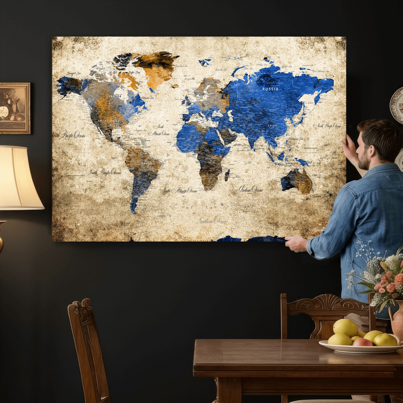 27314341-MGV-CV-36X24 - World Map Wall Art Canvas Print, Modern Decorative Framed Map Artwork Prints for Living Room, Office, Bedroom Wall Decor