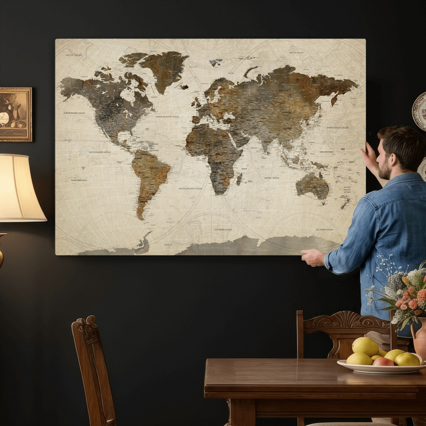 49623468-MGV-CV-36X24 - World Map Wall Art Canvas Print, Modern Decorative Framed Map Artwork Prints for Living Room, Office, Bedroom Wall Decor