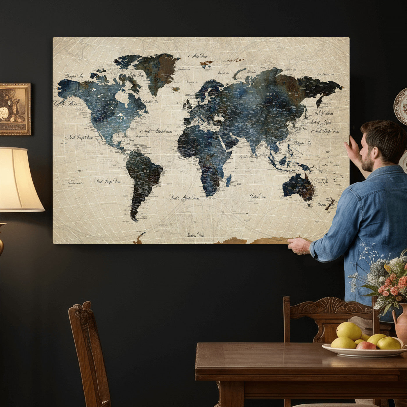 72927803-MGV-CV-36X24 - World Map Wall Art Canvas Print, Modern Decorative Framed Map Artwork Prints for Living Room, Office, Bedroom Wall Decor