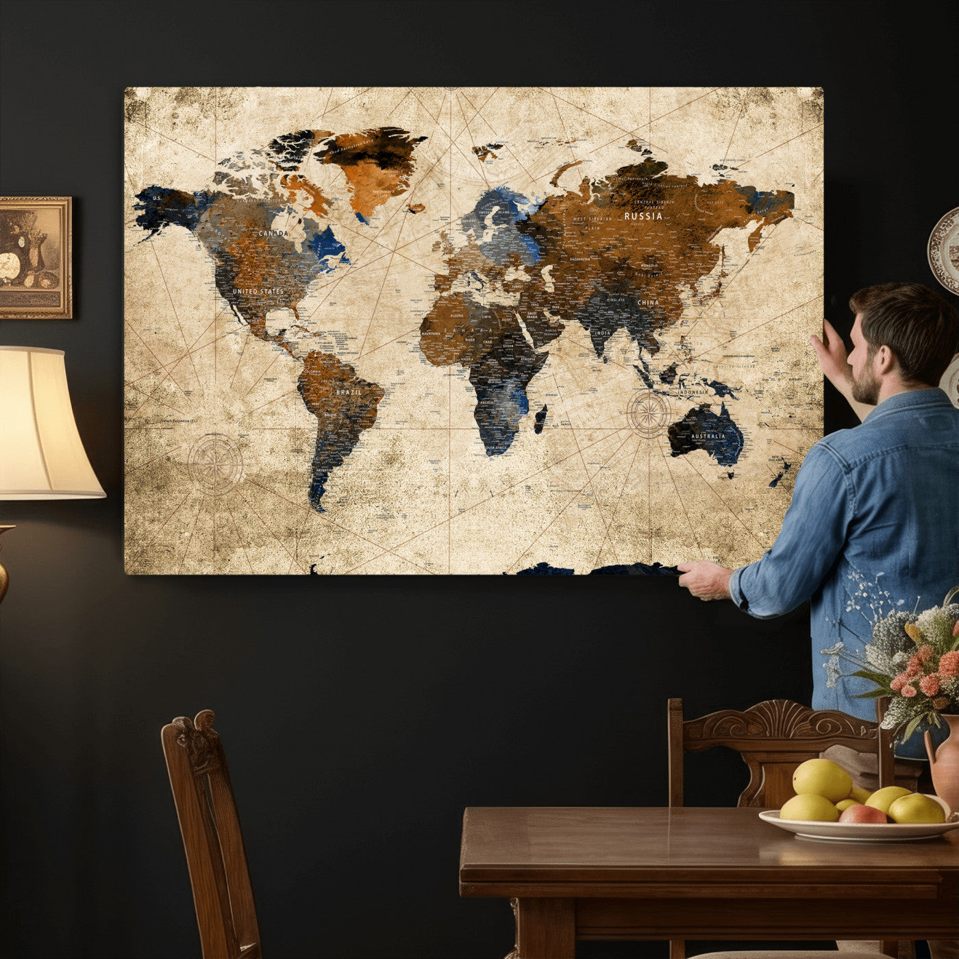 27163414-MGV-CV-36X24 - World Map Wall Art – Rustic Earth Tone Canvas Print, Antique Travel Map Design for Living Room, Office or Study, Classic Adventure Decor