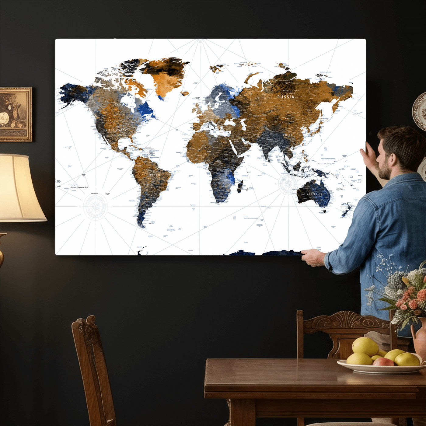 56364879-MGV-CV-36X24 - World Map Wall Art Canvas Print, Modern Decorative Framed Map Artwork Prints for Living Room, Office, Bedroom Wall Decor