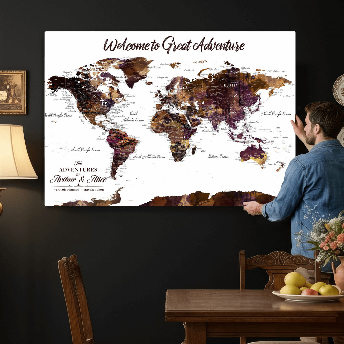 64110391125-MGV-CV-36X24 - Custom Push Pin World Map Wall Art Canvas Print – Personalized Travel Tracker with Pins Framed Large for Home and Office Decor