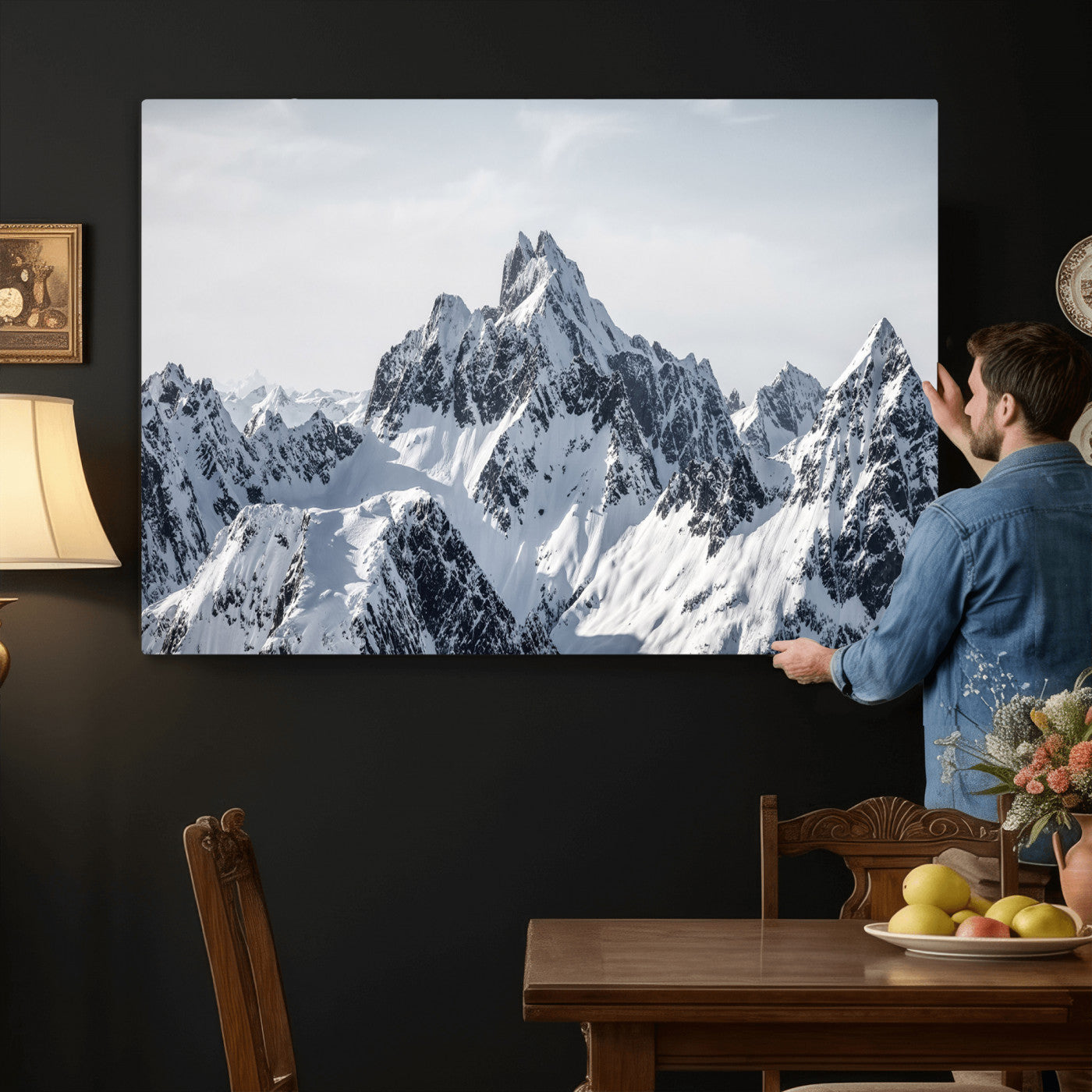 33126265-MGV-CV-36X24 - Snowy Mountain Range Canvas Print, Alpine Peaks Landscape Wall Art, Framed Canvas Ready to Hang