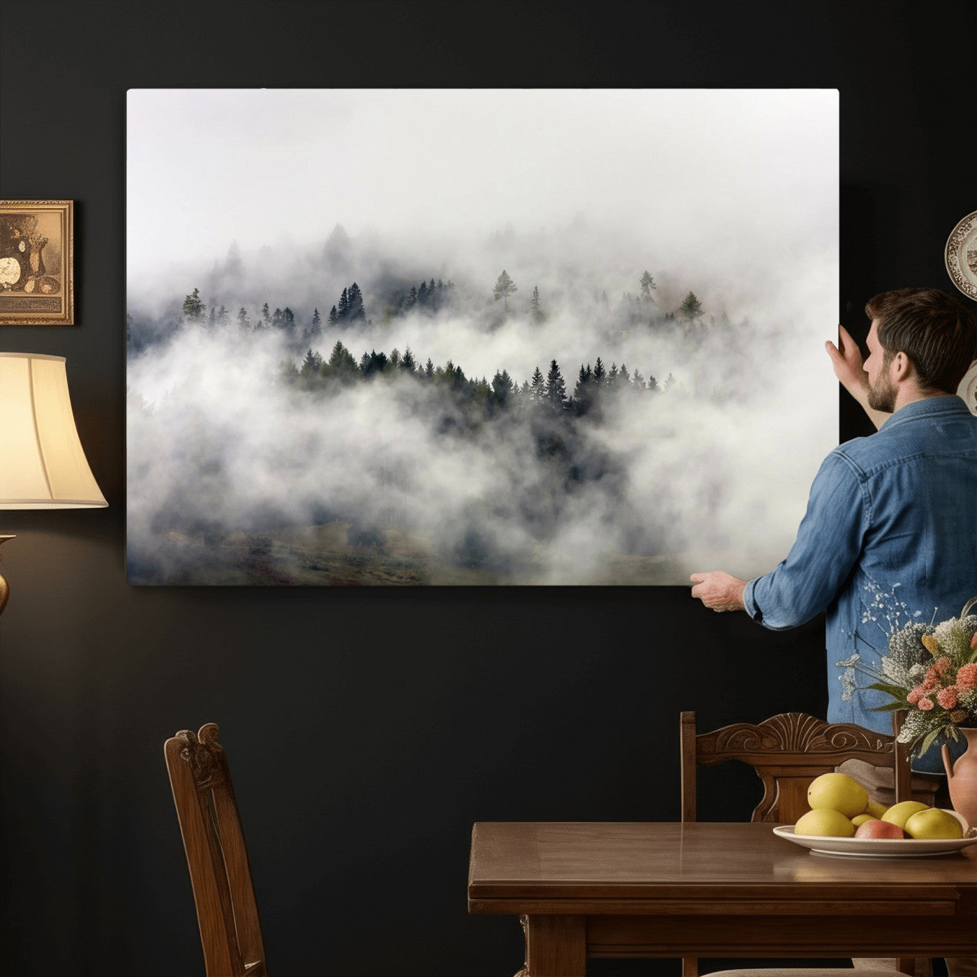 63235457-MGV-CV-36X24 - Foggy Forest Wall Art Canvas Print, Misty Pine Tree Landscape Wall Art Print, Framed Wall Art Ready to Hang