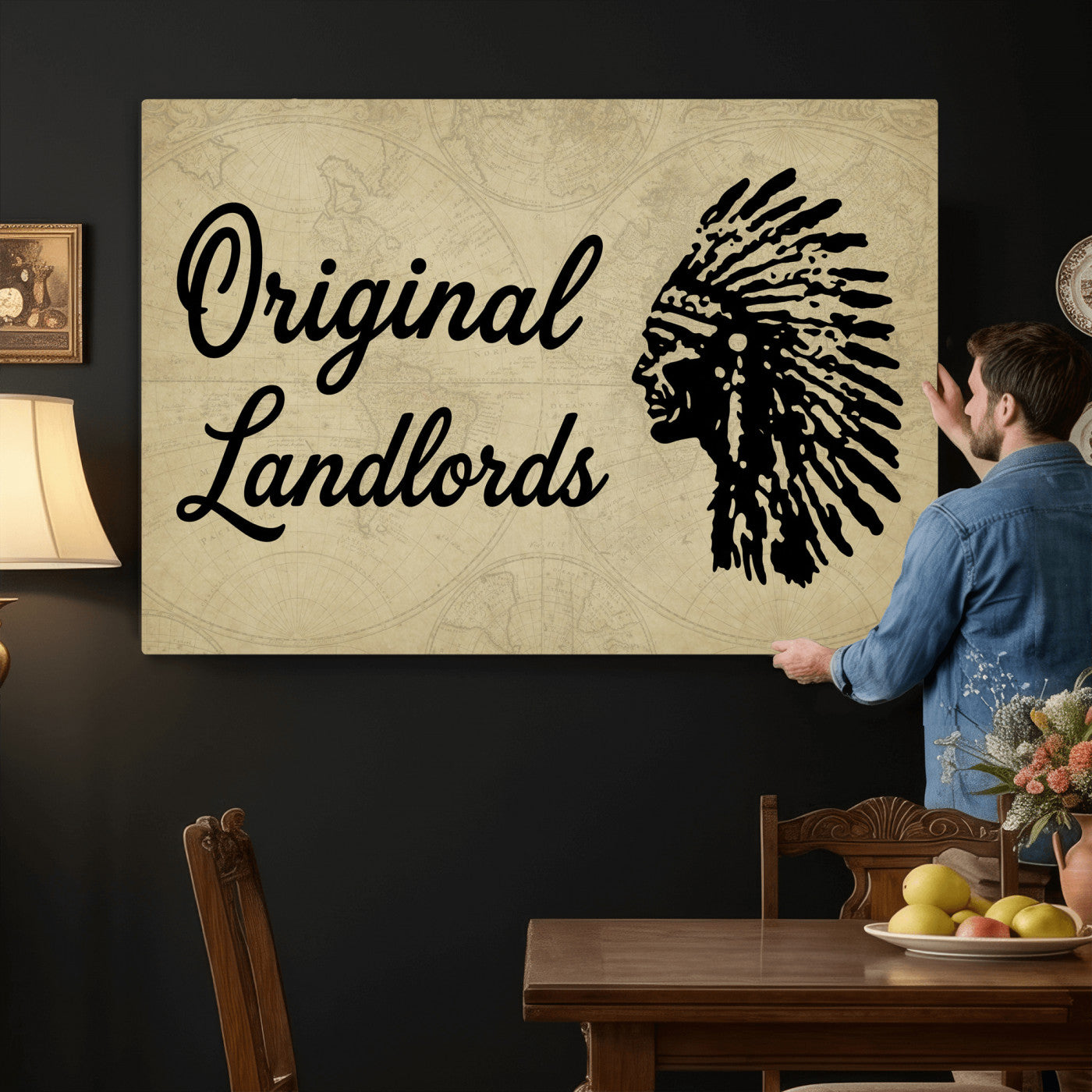 56844712-MGV-CV-36X24 - Original Landlords Wall Art Canvas Print, Native American Silhouette Artwork, Framed Wall Art Ready to Hang
