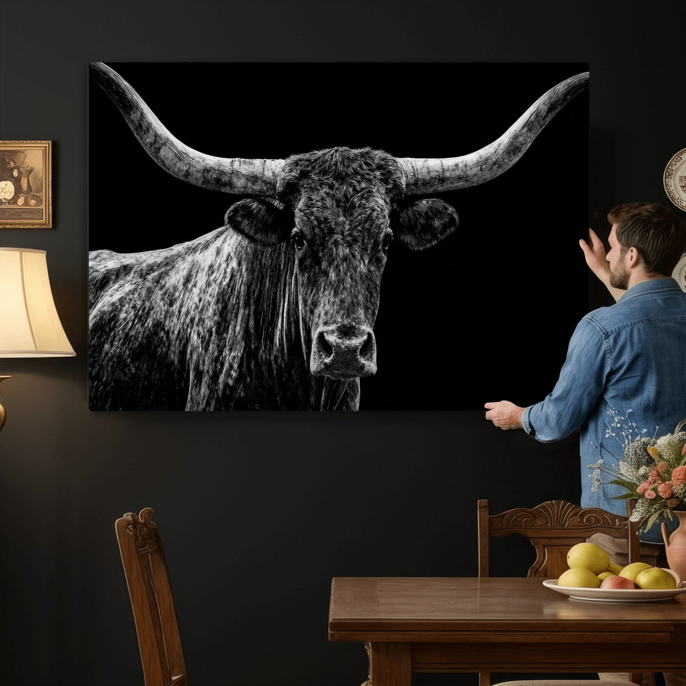 86568508-MGV-CV-36X24 - Vintage Texas Longhorn Bull Wall Art Canvas Print, Texas Cow Portrait Print, Framed Bull Wall Art Ready to Hang
