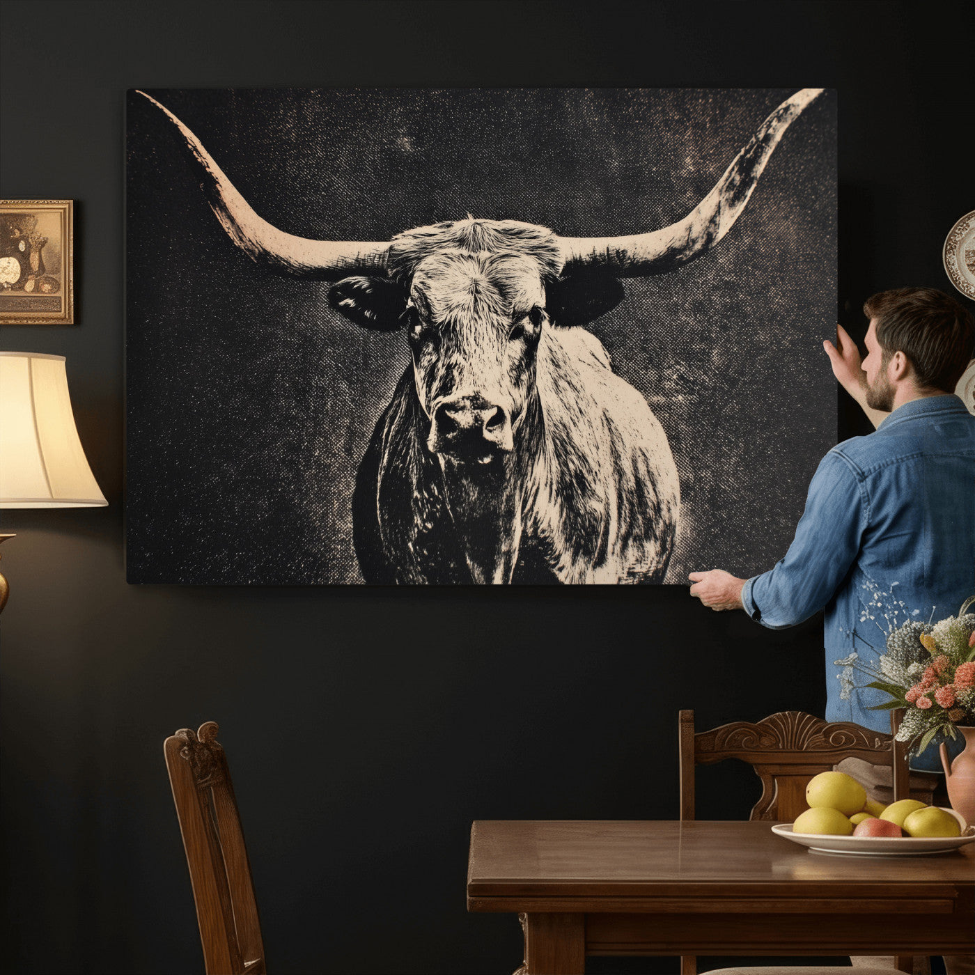 27394218-MGV-CV-36X24 - Vintage Texas Longhorn Bull Wall Art Canvas Print, Cow Portrait Photography Print, Framed Wall Art Ready to Hang