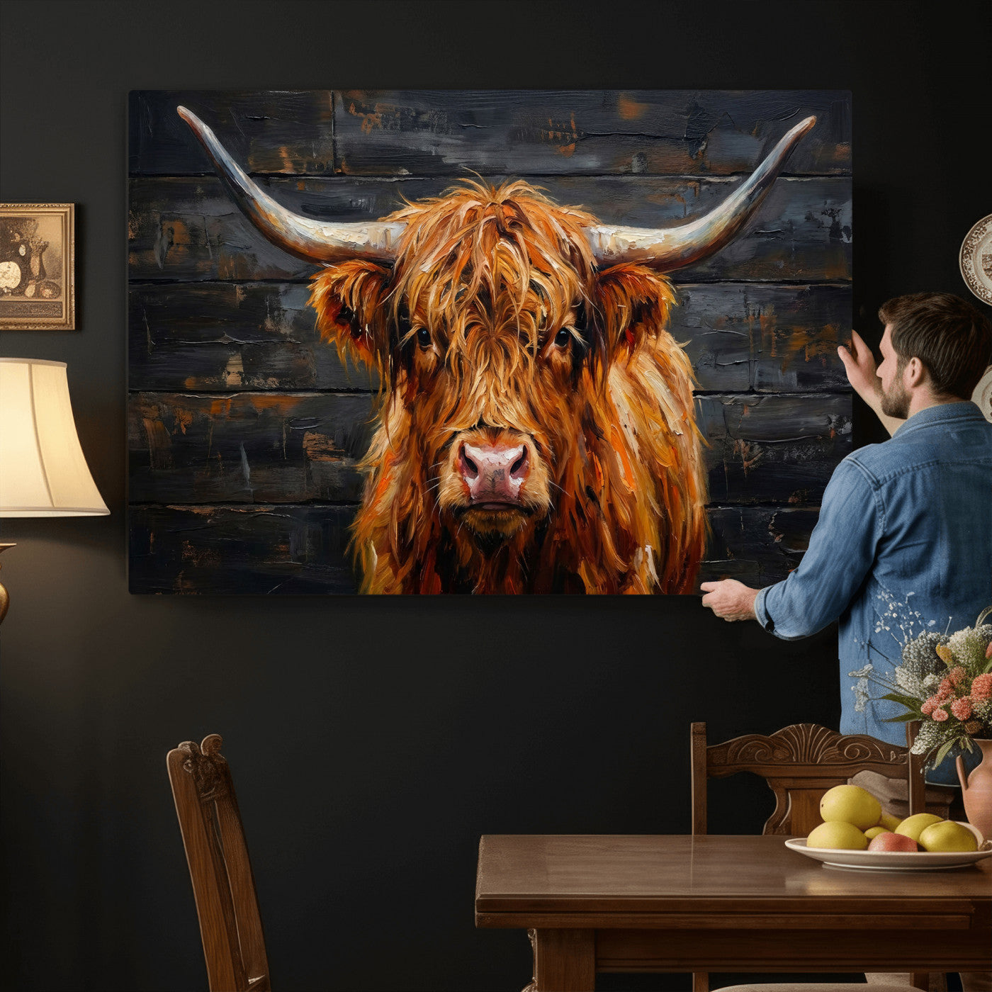 32536611-MGV-CV-36X24 - Highland Cow Wall Art Canvas Print, Rustic Farm Animal Painting, Framed Wall Art Ready to Hang