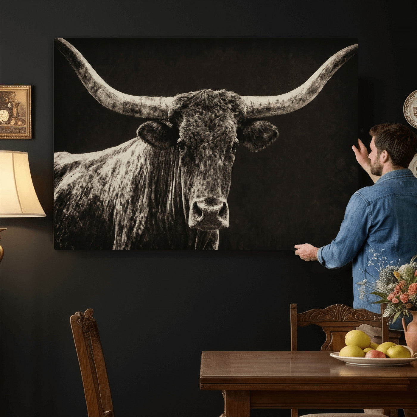 74513721-MGV-CV-36X24 - Vintage Texas Longhorn Bull Wall Art Canvas Print, Cow Portrait Photography Print, Framed Wall Art Ready to Hang