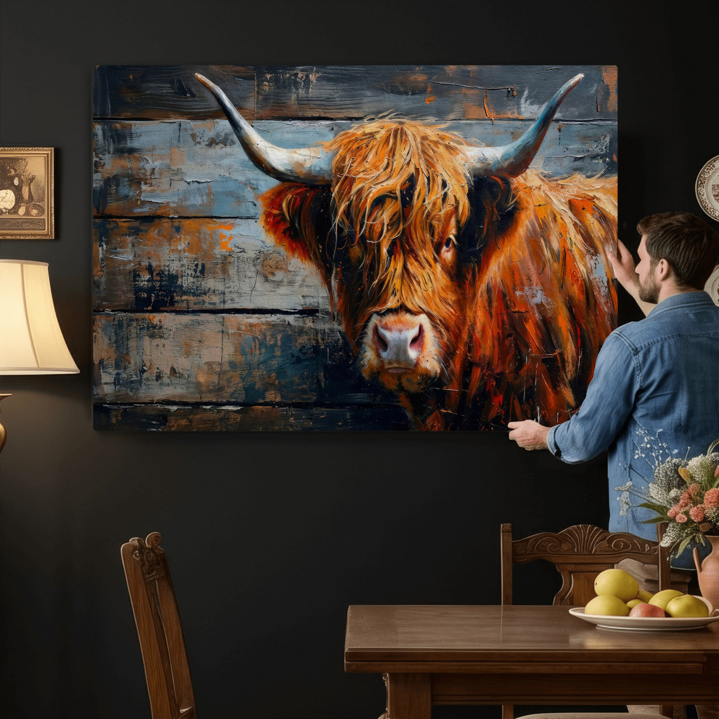 90271423-MGV-CV-36X24 - Highland Cow Wall Art Canvas Print, Abstract Rustic Farm Animal Wall Art Print, Framed Wall Art Ready to Hang