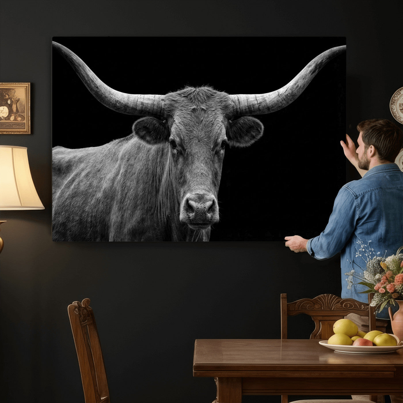 32601430-MGV-CV-36X24 - Texas Longhorn Bull Wall Art Canvas Print, Cow Portrait Photography, Framed Wall Art Ready to Hang