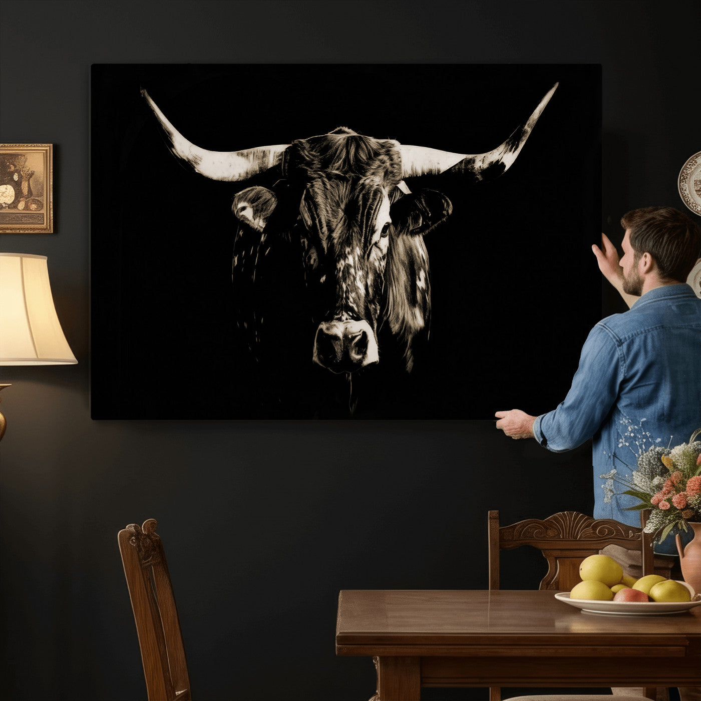 75774468-MGV-CV-36X24 - Black Bull Wall Art Canvas Print, Dark Longhorn Portrait Photography, Framed Wall Art Ready to Hang