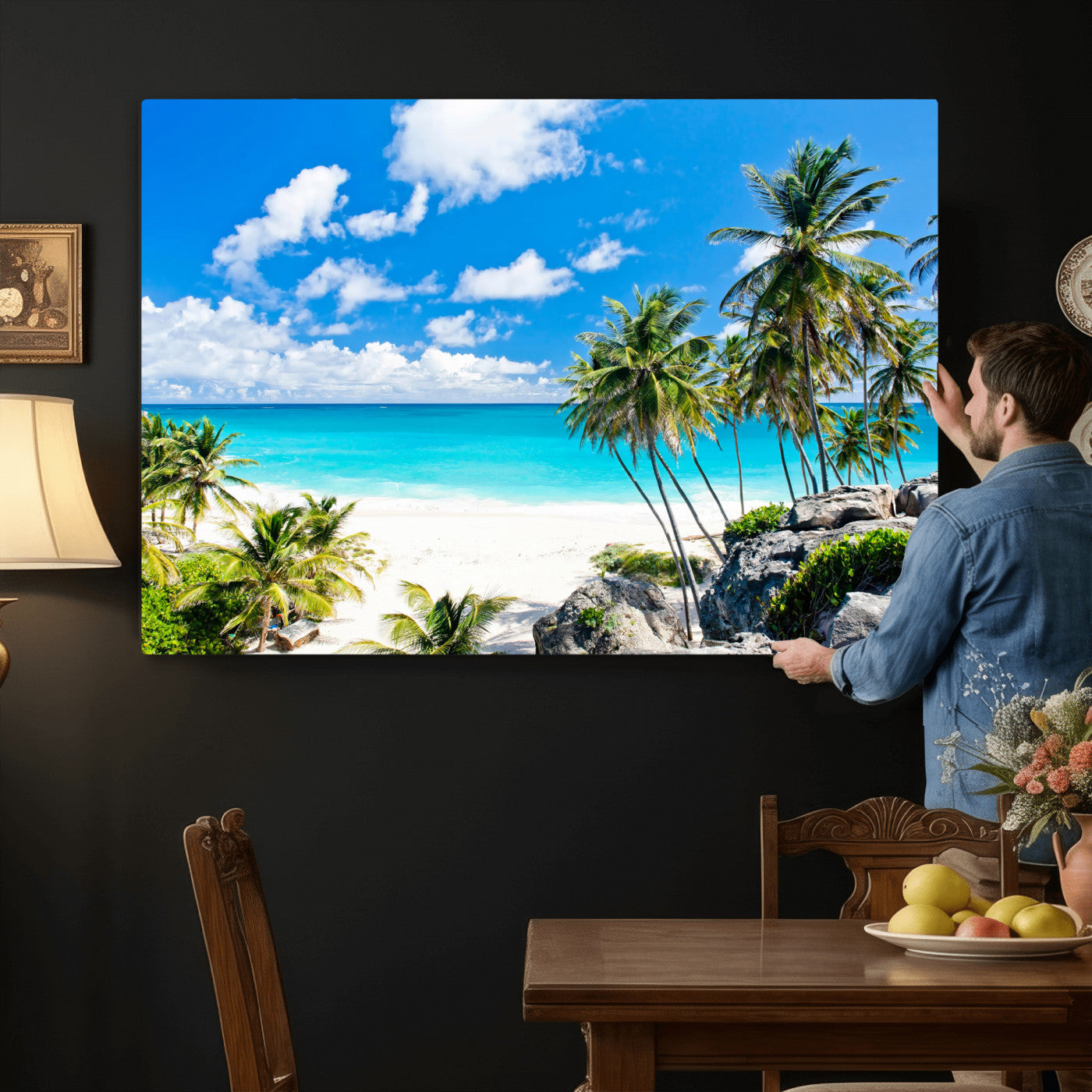 29232878-MGV-CV-36X24 - Barbados Beach Wall Art Canvas Print, Palm Tree Ocean Landscape, Turquoise Sea Coastal Photography, Tropical Island Wall Decor, Framed Ready to Hang