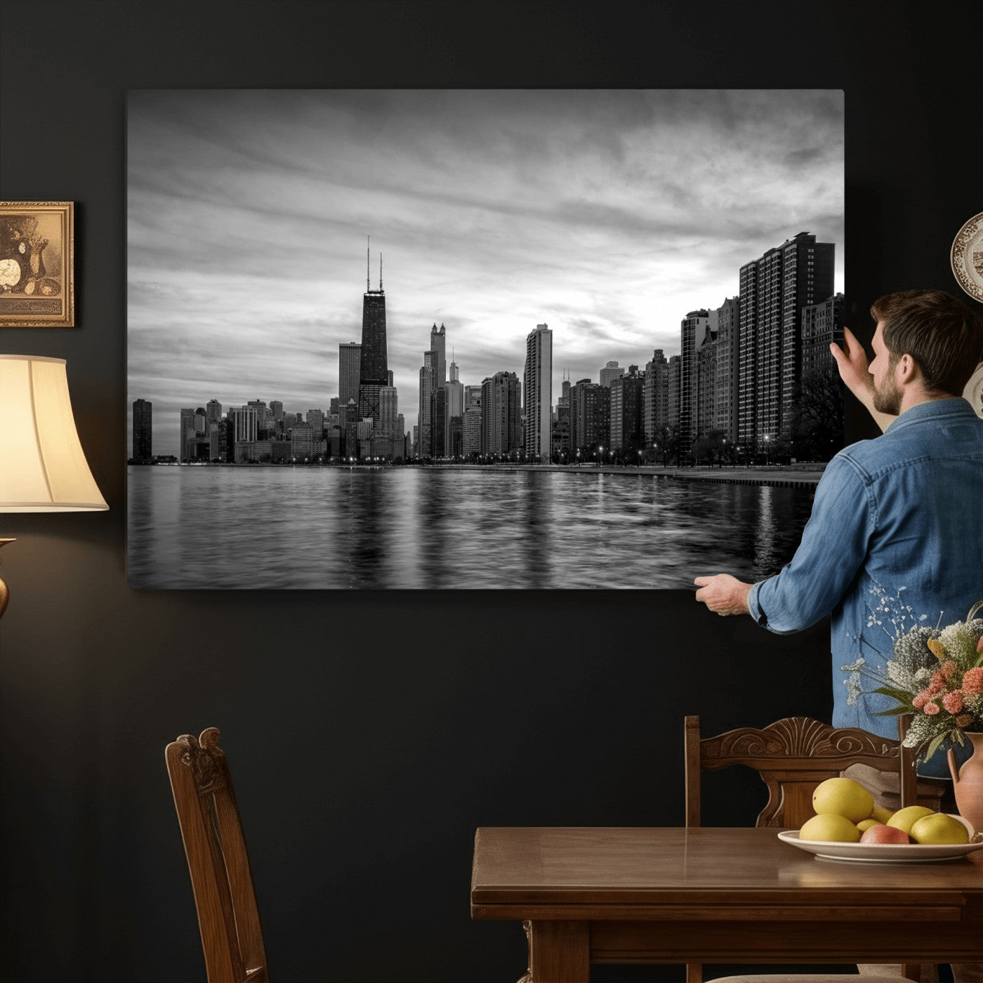 74552581-MGV-CV-36X24 - Chicago Wall Art Canvas Print, Chicago City Downtown Night Cityscape Print for Modern Urban Wall Decor