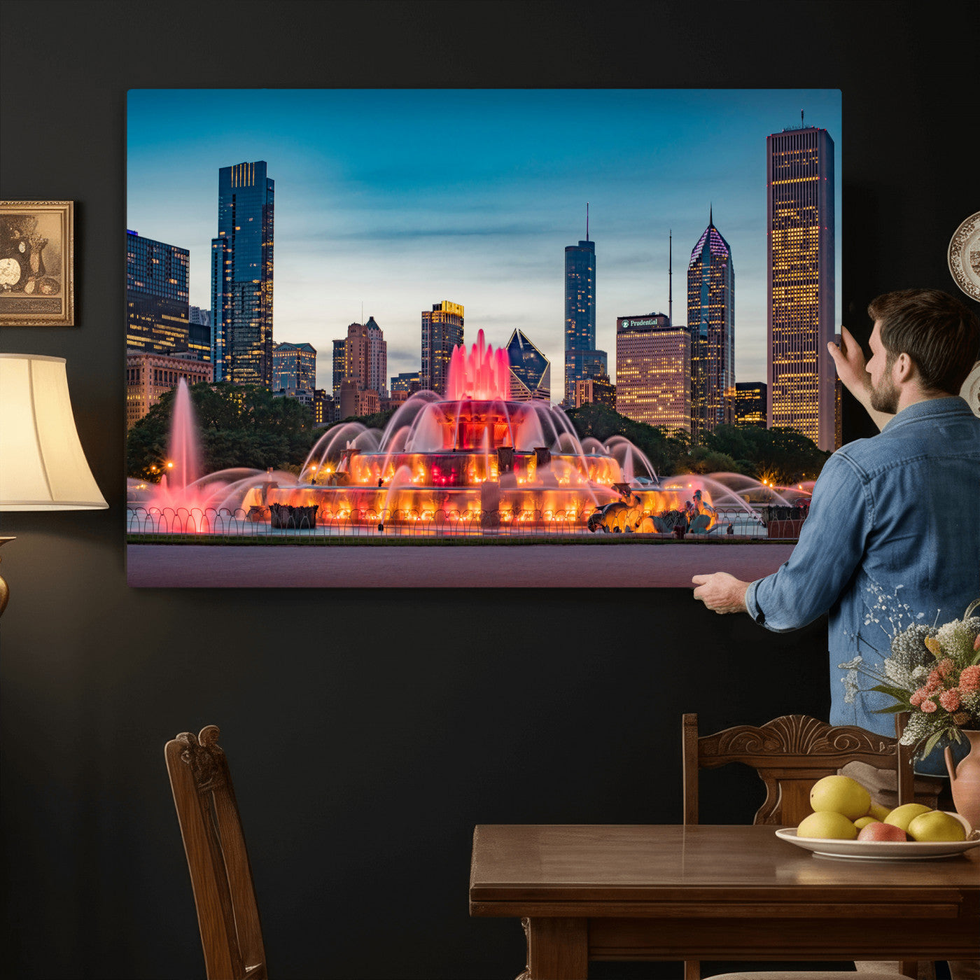 46805285-MGV-CV-36X24 - Chicago Wall Art Canvas Print, Chicago City Downtown Night Cityscape Print for Modern Urban Wall Decor