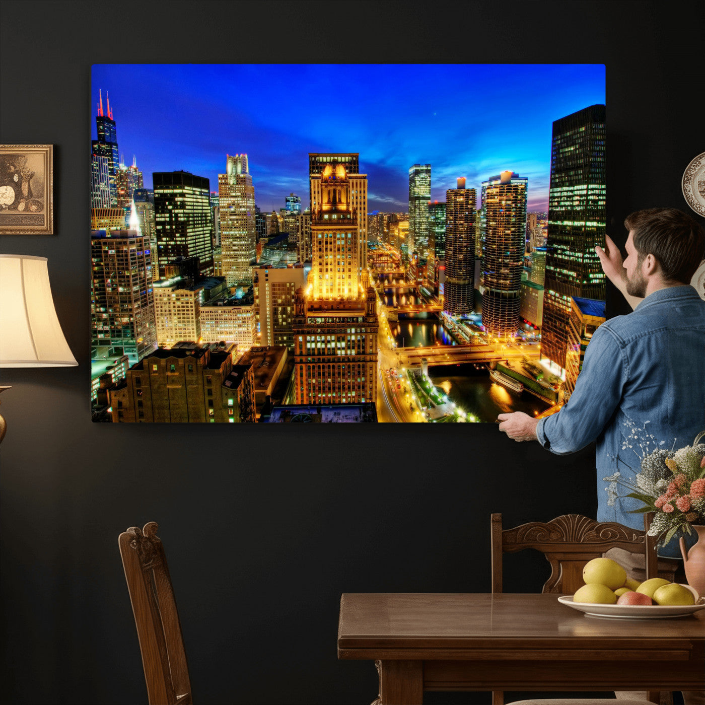 46298885-MGV-CV-36X24 - Chicago Wall Art Canvas Print, Chicago City Downtown Night Cityscape Print for Modern Urban Wall Decor