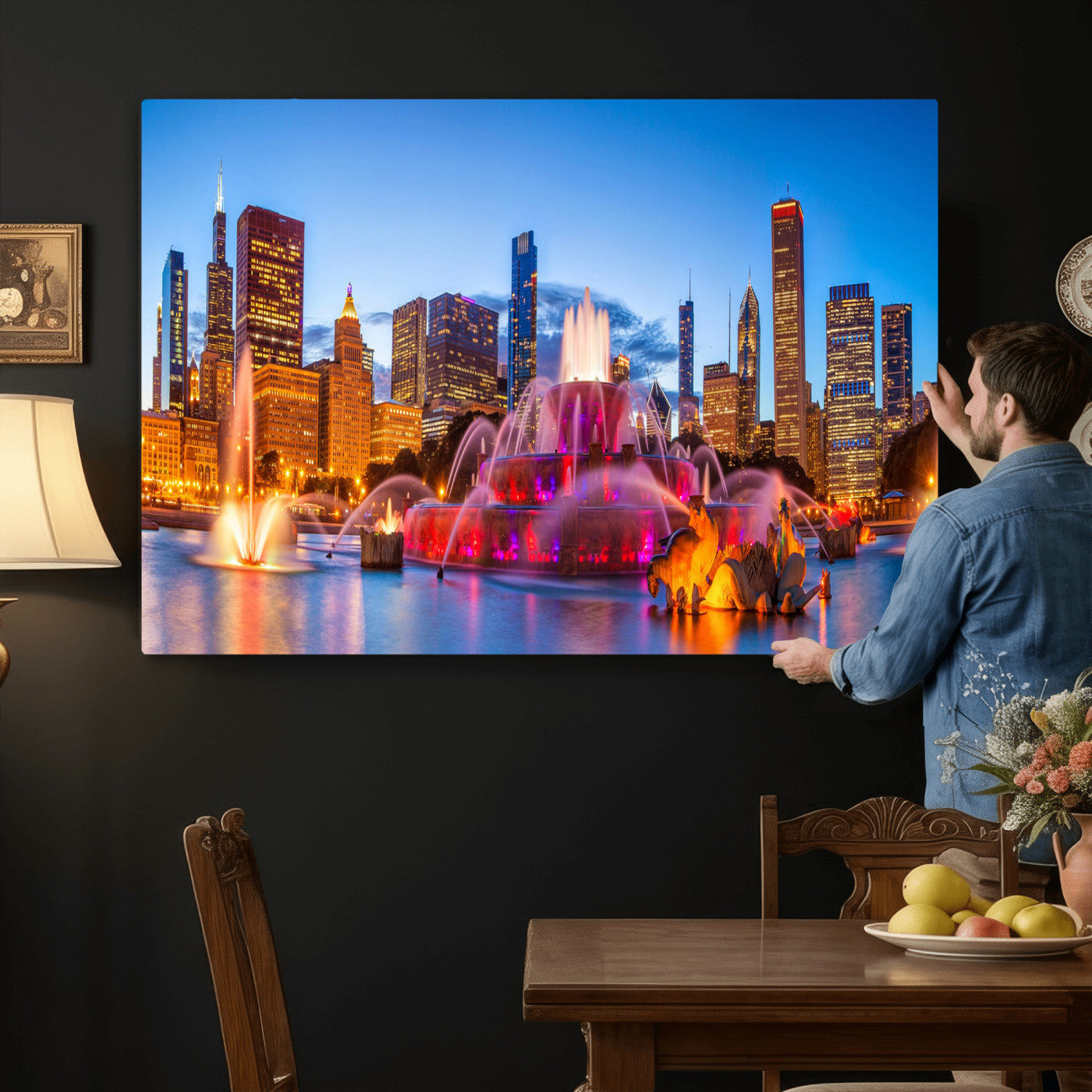 20251989-MGV-CV-36X24 - Chicago Wall Art Canvas Print, Chicago City Downtown Night Cityscape Print for Modern Urban Wall Decor