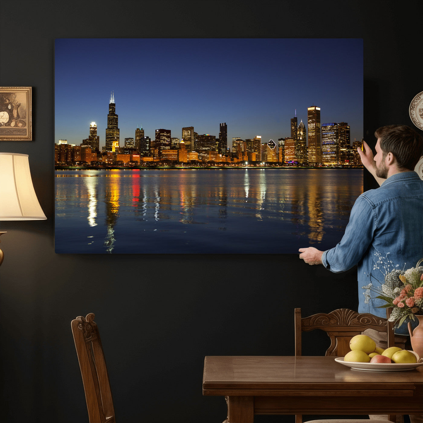 67308035-MGV-CV-36X24 - Chicago Wall Art Canvas Print, Chicago City Downtown Night Cityscape Print for Modern Urban Wall Decor