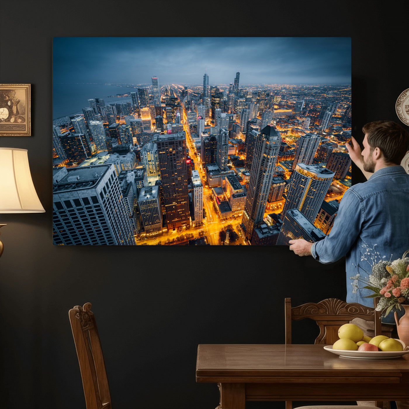 81742538-MGV-CV-36X24 - Chicago Wall Art Canvas Print, Chicago City Downtown Night Cityscape Print for Modern Urban Wall Decor