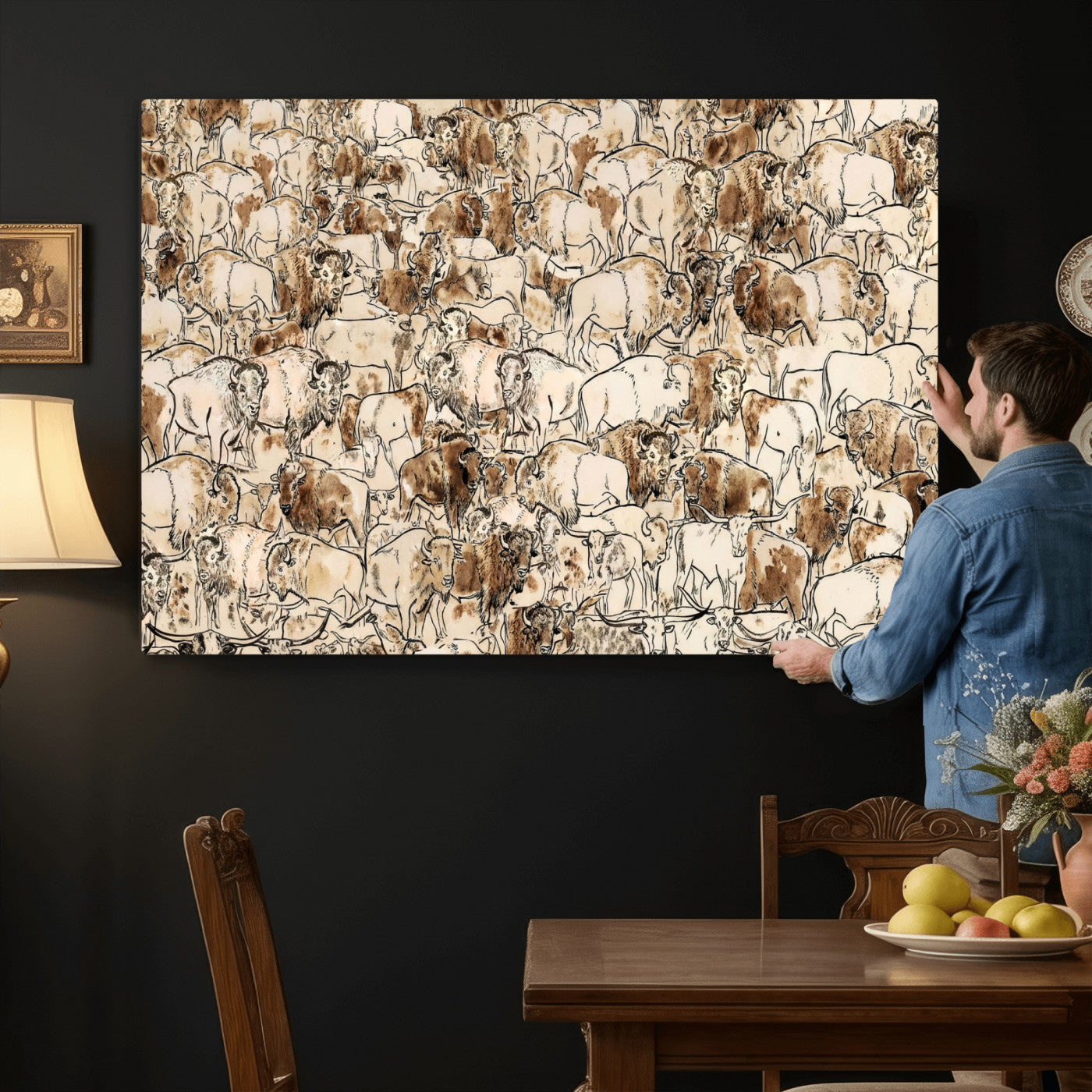 50142019-MGV-CV-36X24 - Farmhouse Animals Wall Art Canvas Print - Abstract Farm Animal Drawing Mid-Century Wall Art for Cabin Decor