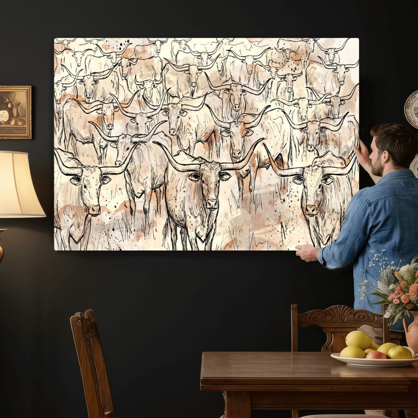 94055403-MGV-CV-36X24 - Farmhouse Animals Wall Art Canvas Print - Abstract Farm Animal Drawing Mid-Century Wall Art for Cabin Decor