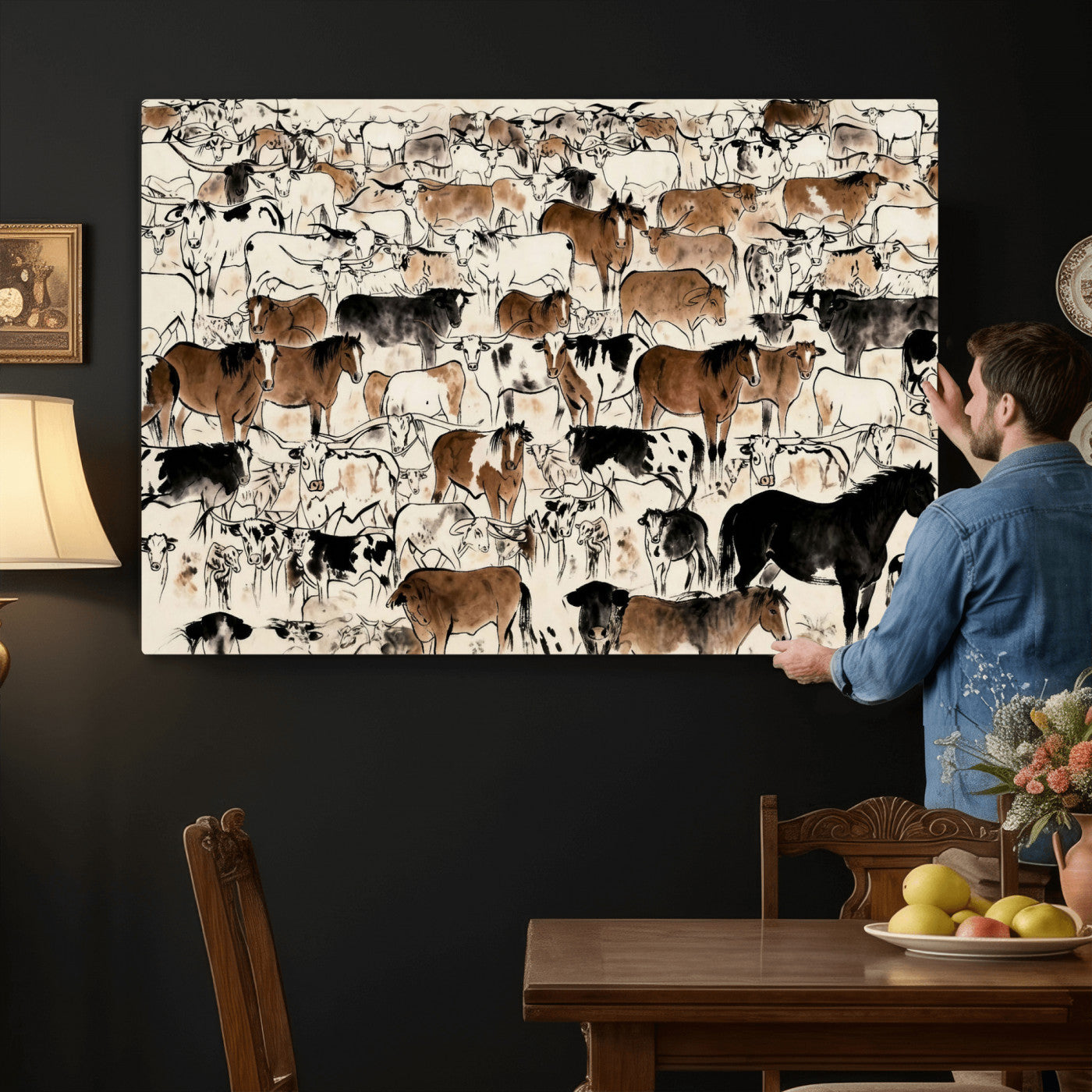 86150485-MGV-CV-36X24 - Farmhouse Animals Wall Art Canvas Print - Abstract Farm Animal Drawing Mid-Century Wall Art for Cabin Decor