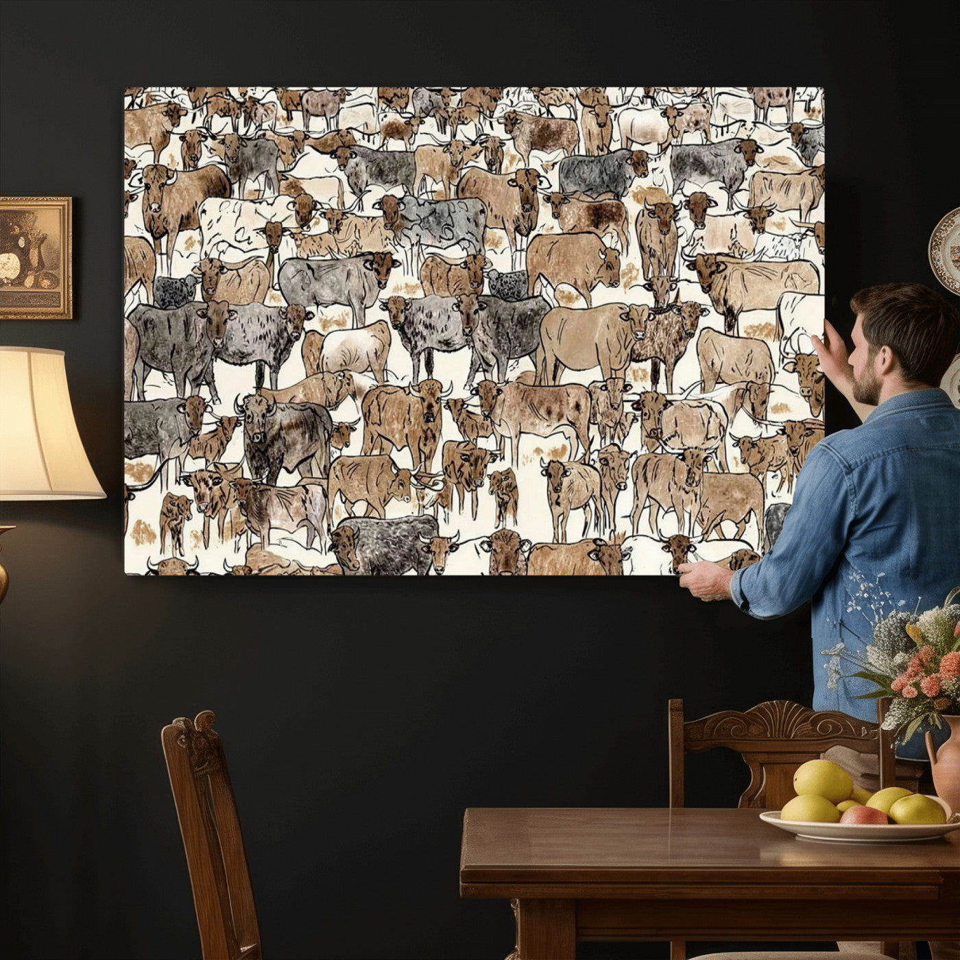 76902119-MGV-CV-36X24 - Farmhouse Animals Wall Art Canvas Print - Abstract Farm Animal Drawing Mid-Century Wall Art for Cabin Decor