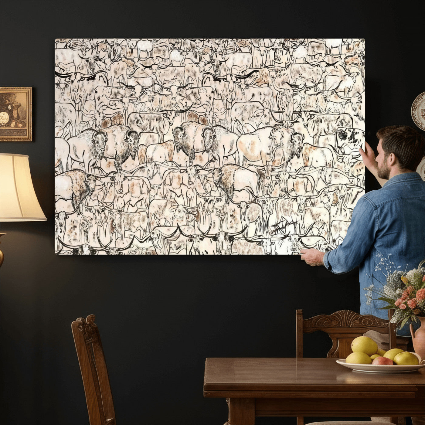 36925875-MGV-CV-36X24 - Farmhouse Animals Wall Art Canvas Print - Abstract Farm Animal Drawing Mid-Century Wall Art for Cabin Decor