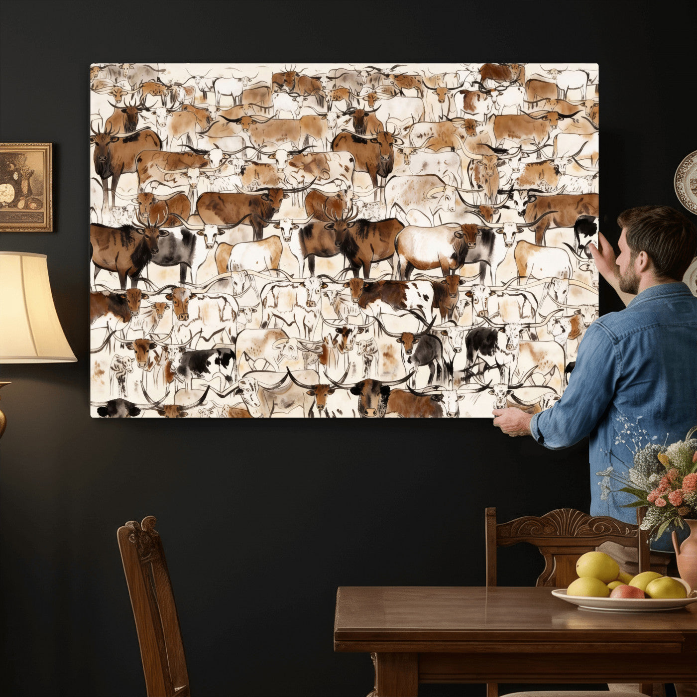 81416572-MGV-CV-36X24 - Farmhouse Animals Wall Art Canvas Print - Abstract Farm Animal Drawing Mid-Century Wall Art for Cabin Decor