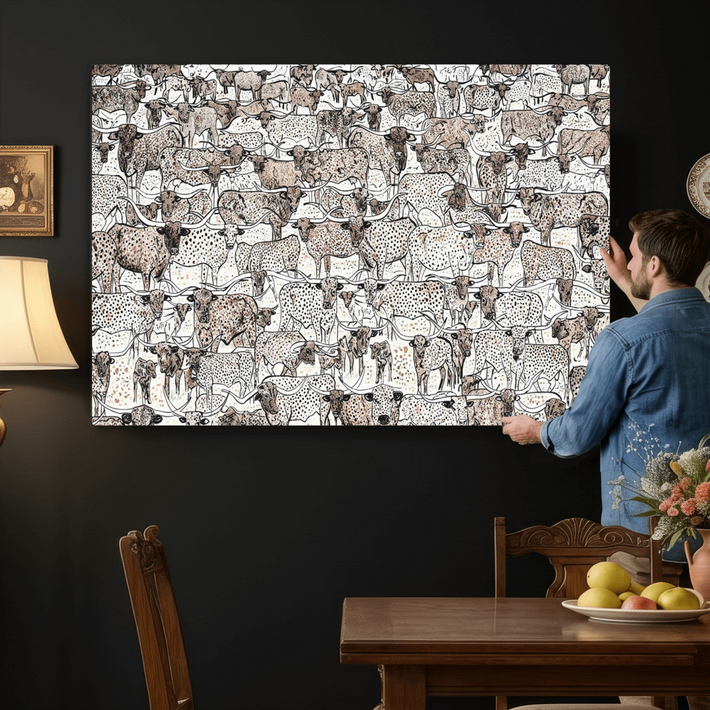 49200255-MGV-CV-36X24 - Farmhouse Animals Wall Art Canvas Print - Abstract Farm Animal Drawing Mid-Century Wall Art for Cabin Decor