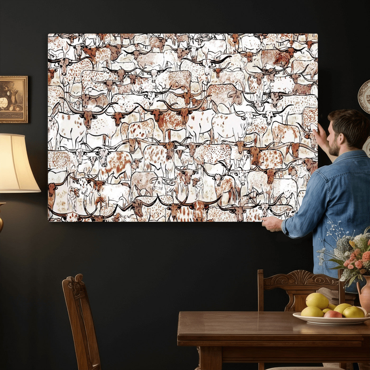 71869761-MGV-CV-36X24 - Farmhouse Animals Wall Art Canvas Print - Abstract Farm Animal Drawing Mid-Century Wall Art for Cabin Decor