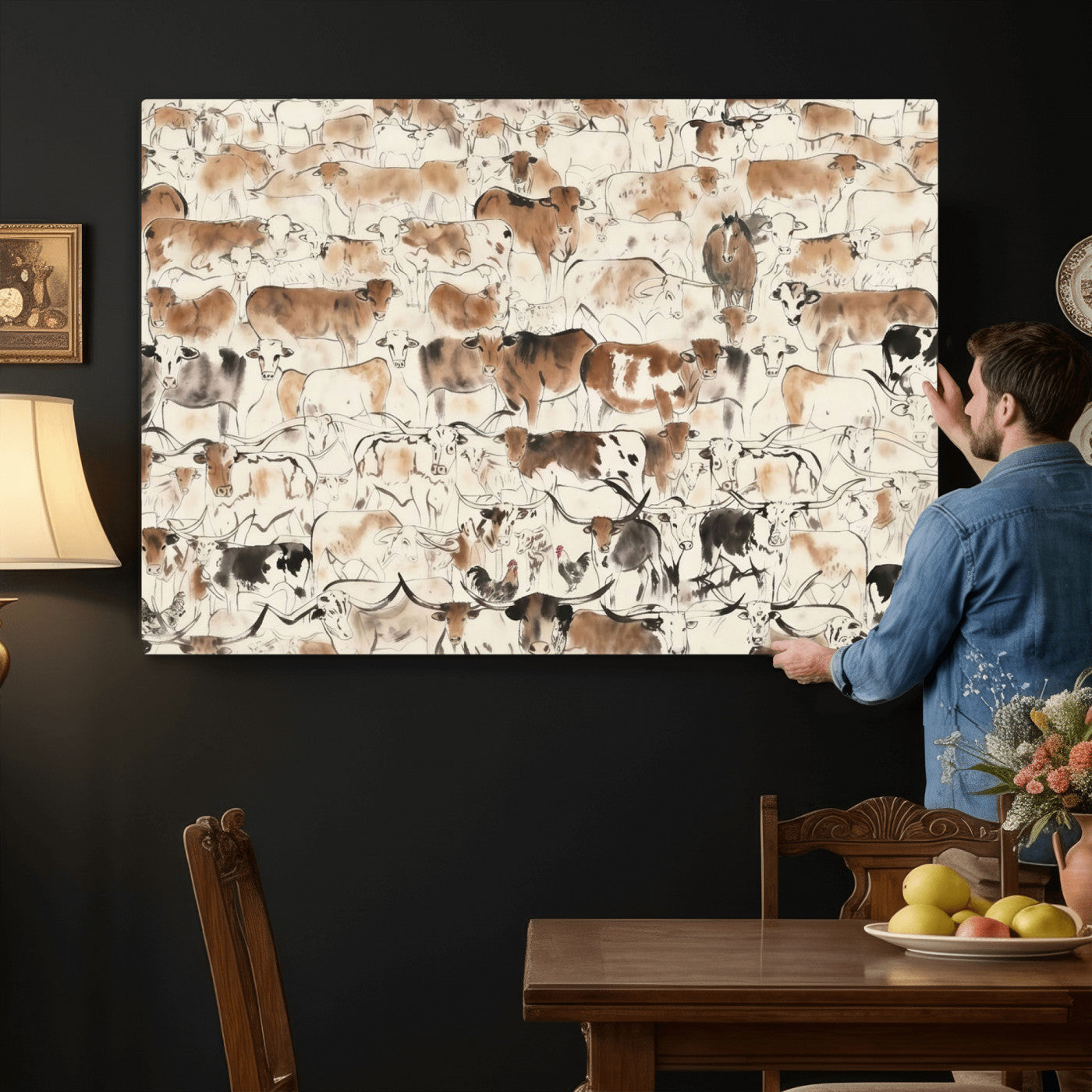 69961368-MGV-CV-36X24 - Farmhouse Animals Wall Art Canvas Print - Abstract Farm Animal Drawing Mid-Century Wall Art for Cabin Decor
