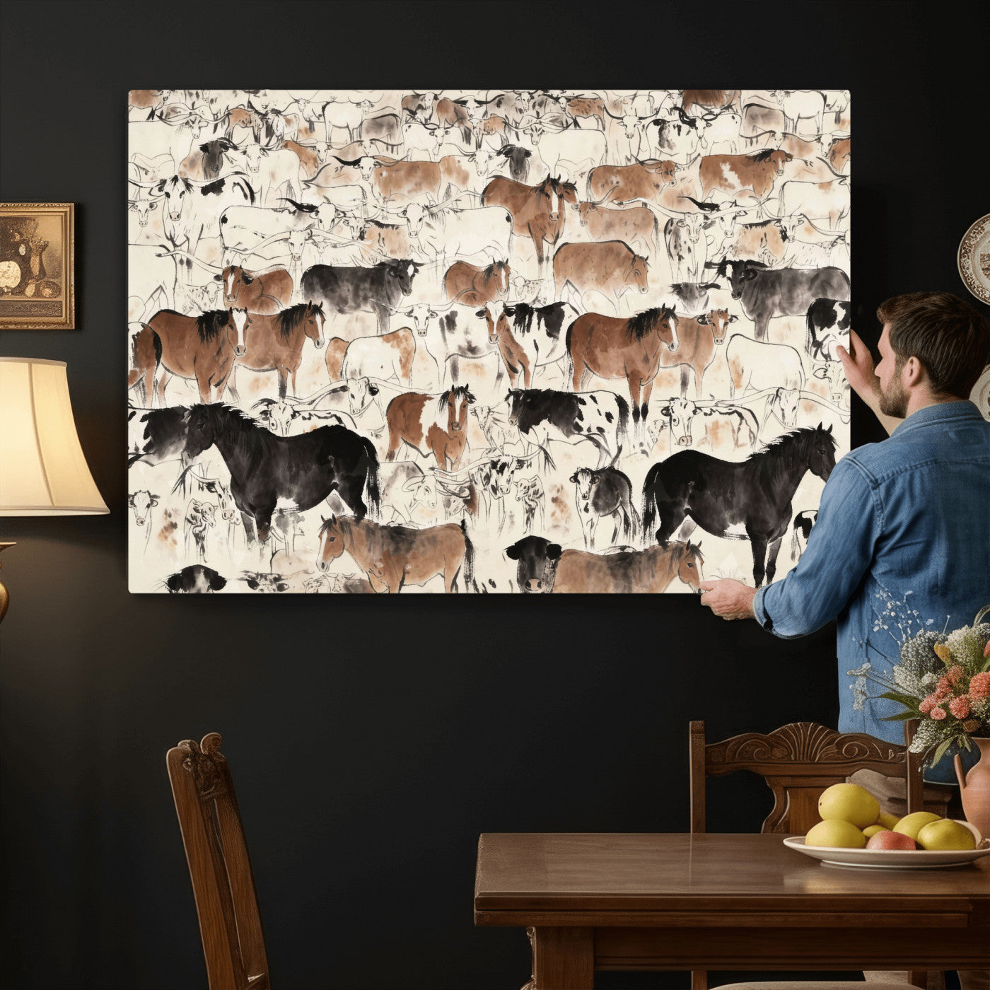 74171578-MGV-CV-36X24 - Farmhouse Animals Wall Art Canvas Print - Abstract Farm Animal Drawing Mid-Century Wall Art for Cabin Decor
