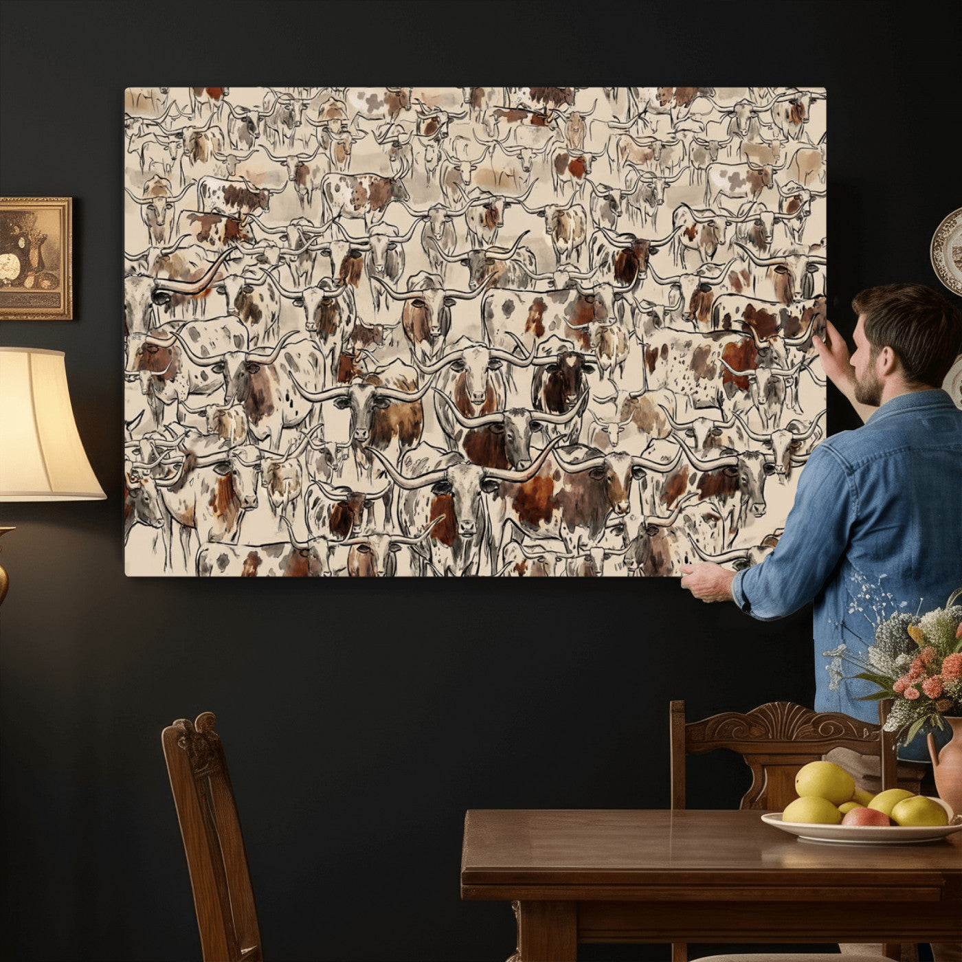 94808502-MGV-CV-36X24 - Farmhouse Animals Wall Art Canvas Print - Abstract Farm Animal Drawing Mid-Century Wall Art for Cabin Decor