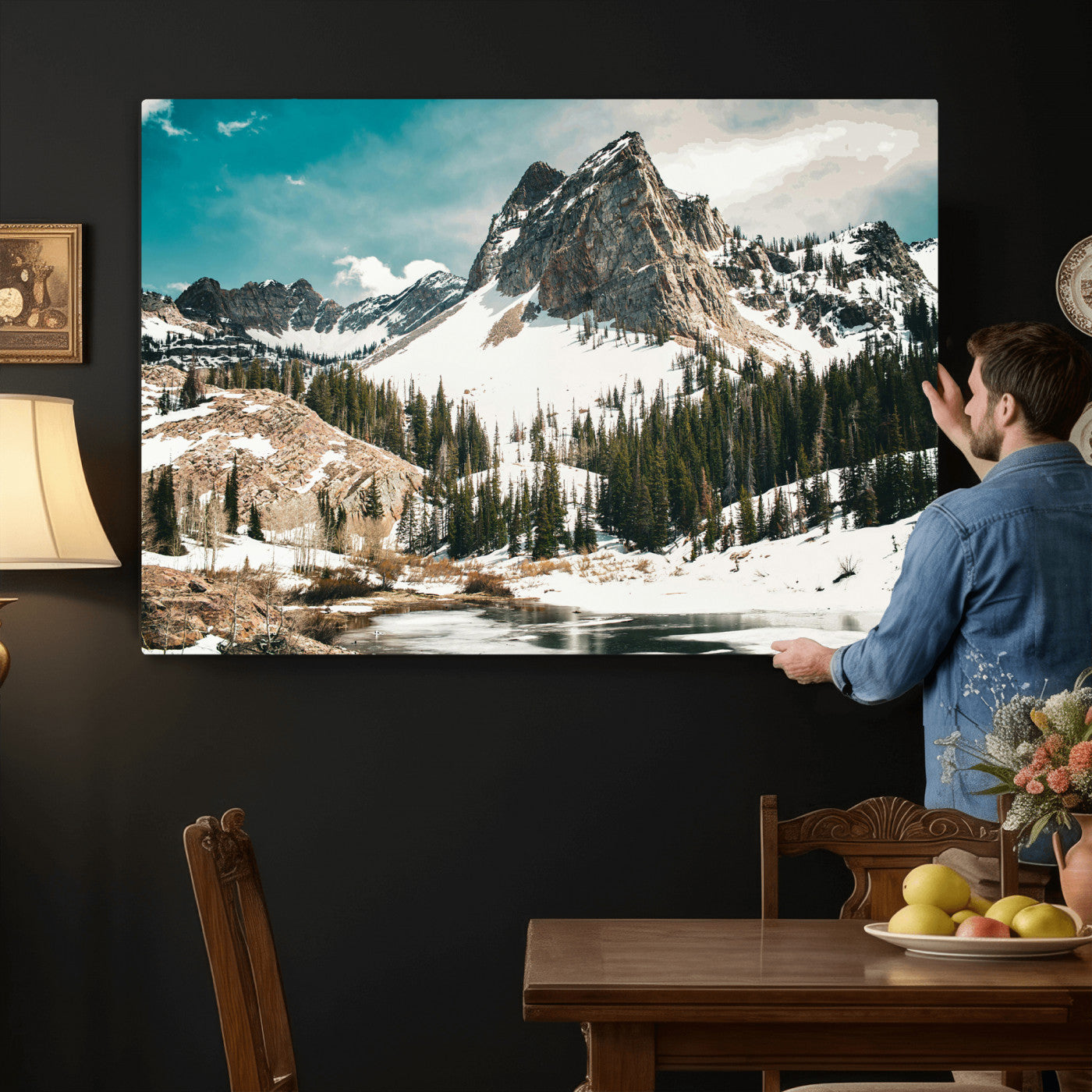 56837070-MGV-CV-36X24 - Snowy Mountain Landscape Wall Art Canvas Print, Alpine Pine Forest Winter Nature Wall Decor for Living Room and Office