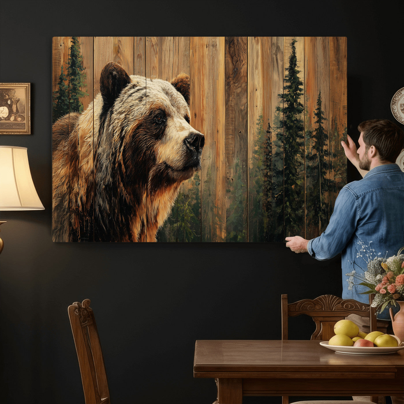 75645180-MGV-CV-36X24 - Grizzly Bear Wall Art Canvas Print, Rustic Wildlife Bear Artwork, Forest Animal Painting, Cabin Lodge Nature Wall Decor