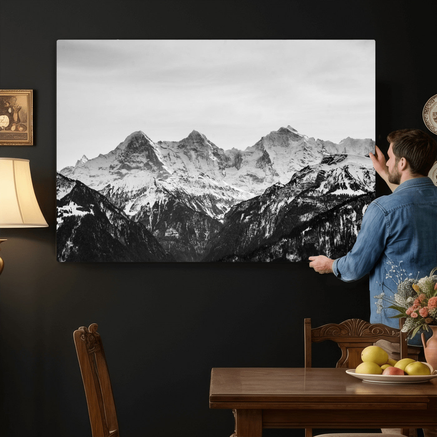 85684934-MGV-CV-36X24 - Black and White Mountain Wall Art Canvas Print, Snowy Alpine Peaks Landscape Photography, Minimal Monochrome Mountain Art, Scenic Nature Wall Decor