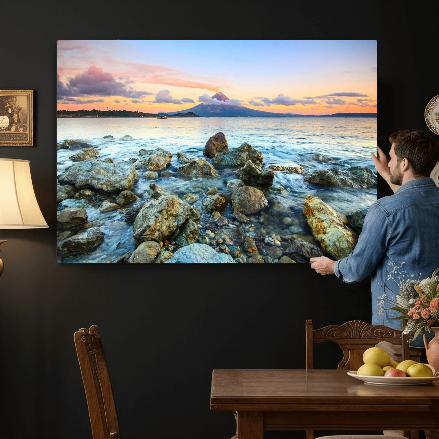 46869511-MGV-CV-36X24 - Mayon Volcano Seascape Landscape Wall Art Canvas Print, Tropical Ocean Shore Mountain Canvas Print, Philippines Coastal Scenic Art Printing