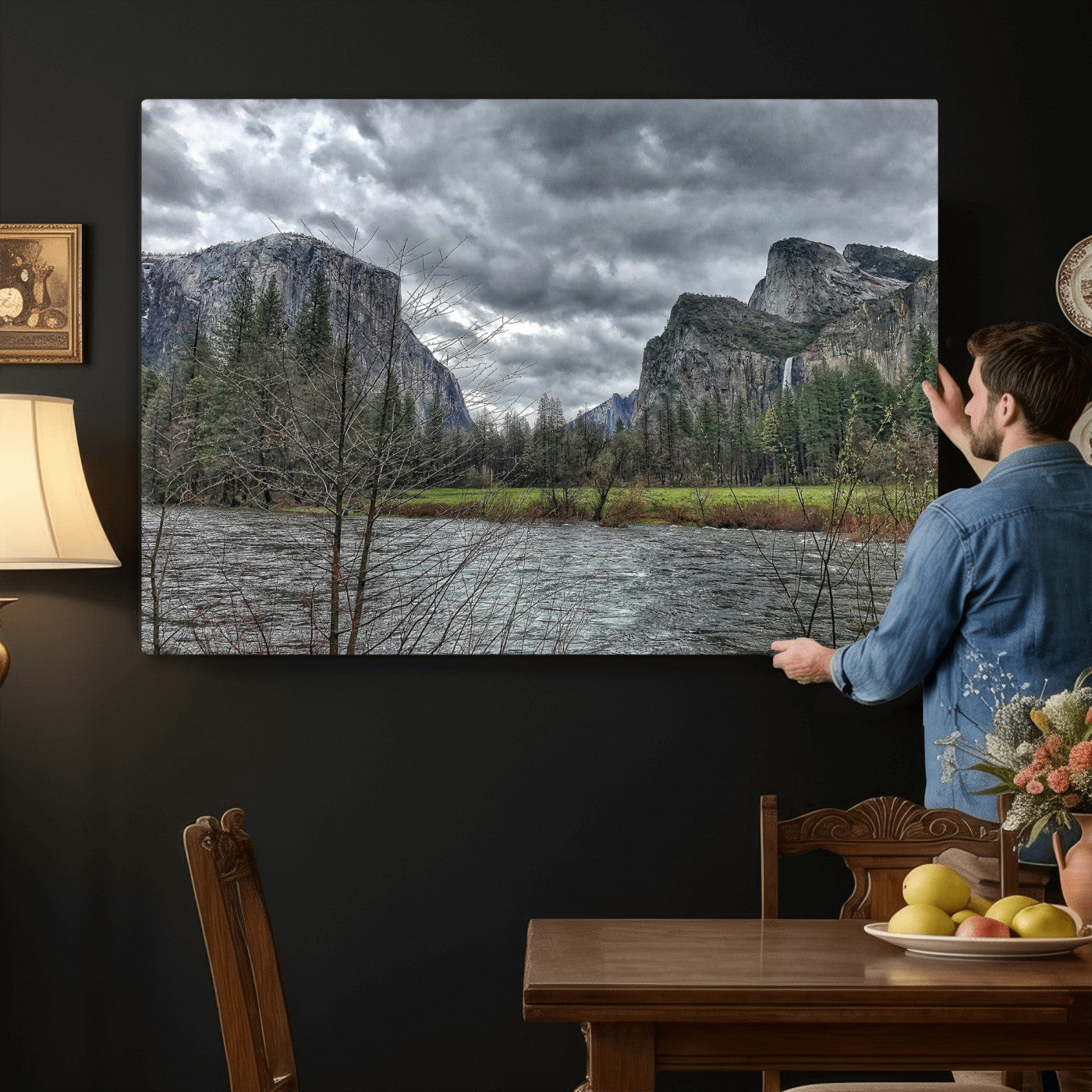 75582552-MGV-CV-36X24 - Yosemite Valley River Landscape Wall Art Canvas Print, Granite Cliffs Forest River Canvas Print, California National Park Moody Scenic Art Printi