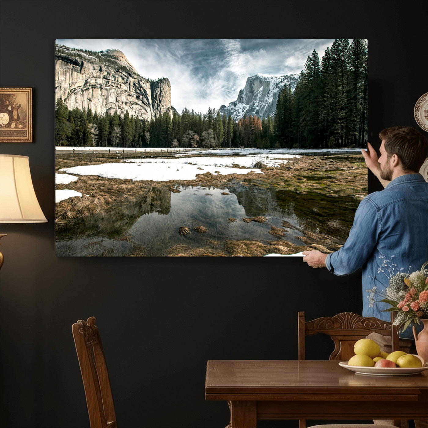 14527348-MGV-CV-36X24 - Yosemite Valley Mountain Landscape Wall Art Canvas Print, Granite Cliff Forest Valley Canvas Print, California National Park Scenic Art Printing