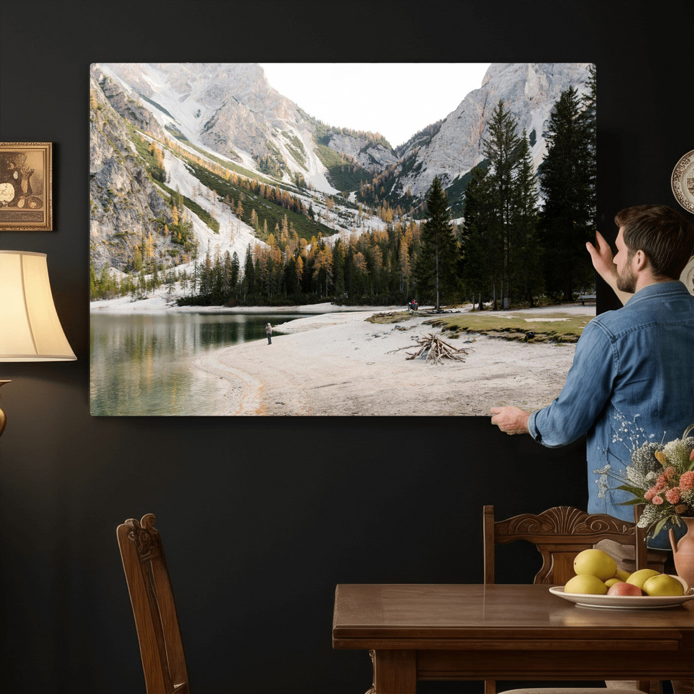 89246758-MGV-CV-36X24 - Lake Braies Alpine Landscape Wall Art Canvas Print, Dolomites Mountain Lake Forest Canvas Print, Italian Alps Scenic Nature Art Printing